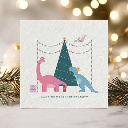 Personalised Dinosaur Christmas Card for Girls - Pink