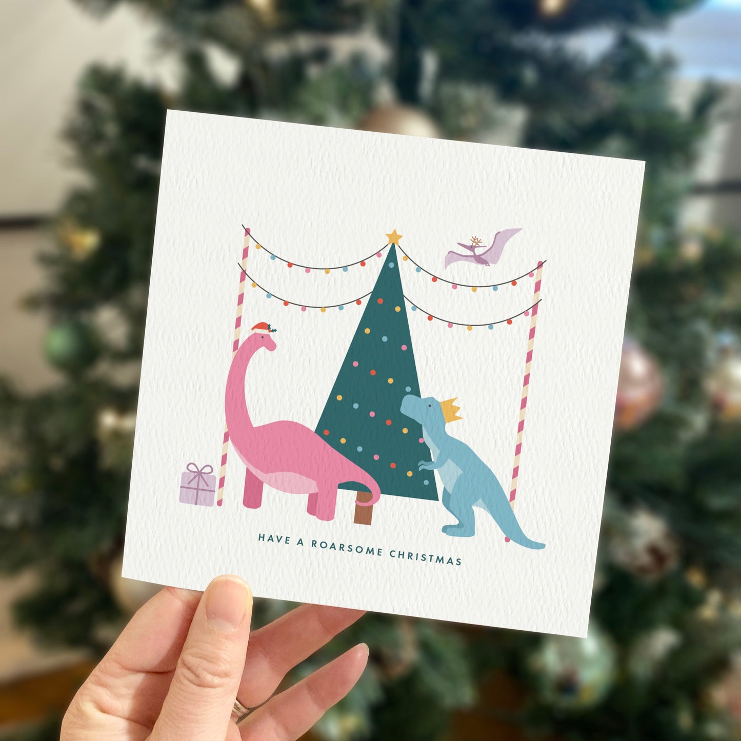 Personalised Dinosaur Christmas Card for Girls - Pink