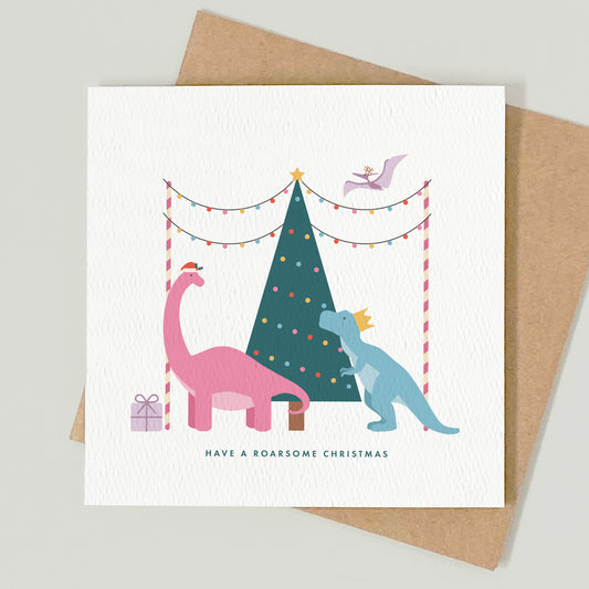 READY TO POST - Girl's Dinosaur Christmas Card - For Girl, Daughter, Granddaughter and Niece
