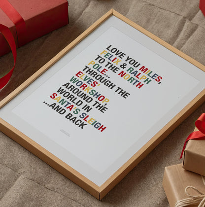 Personalised Love You to the North Pole Christmas Quote Print - Traditional Colours
