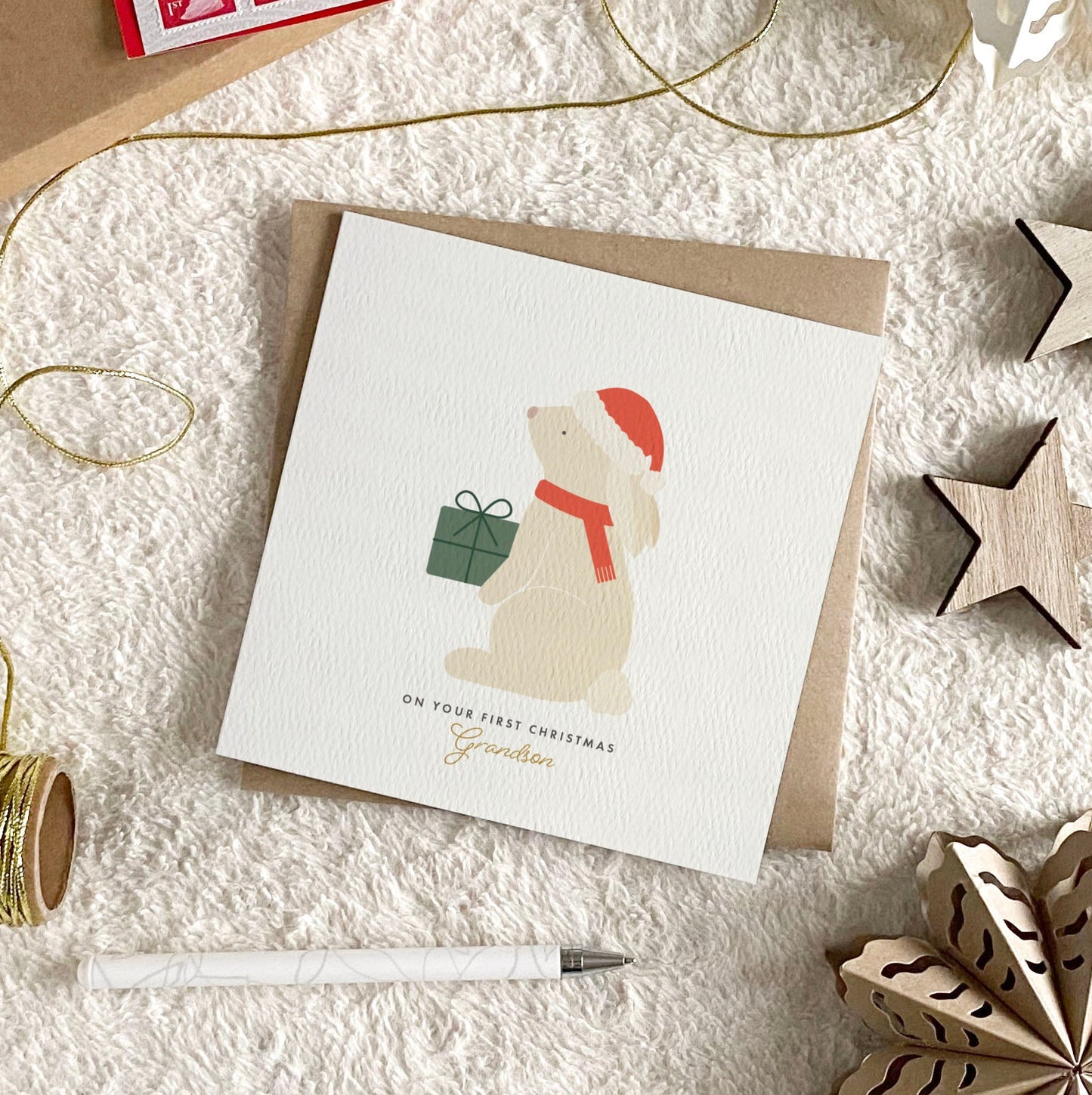 Personalised Children's Santa Bunny Christmas Card - Red
