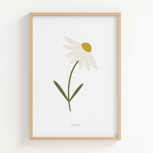 Framed artwork of a single stem daisy on a white background