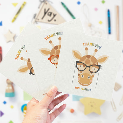 Personalised Giraffe Thank You Teacher Card - Black Cat Eye Glasses